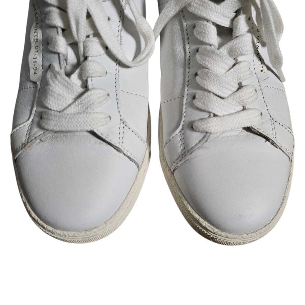 ALLSAINTS Sneaker White Leather Low Top Sheer Tennis Shoe Gold Lettering sz 7 - Picture 8 of 10